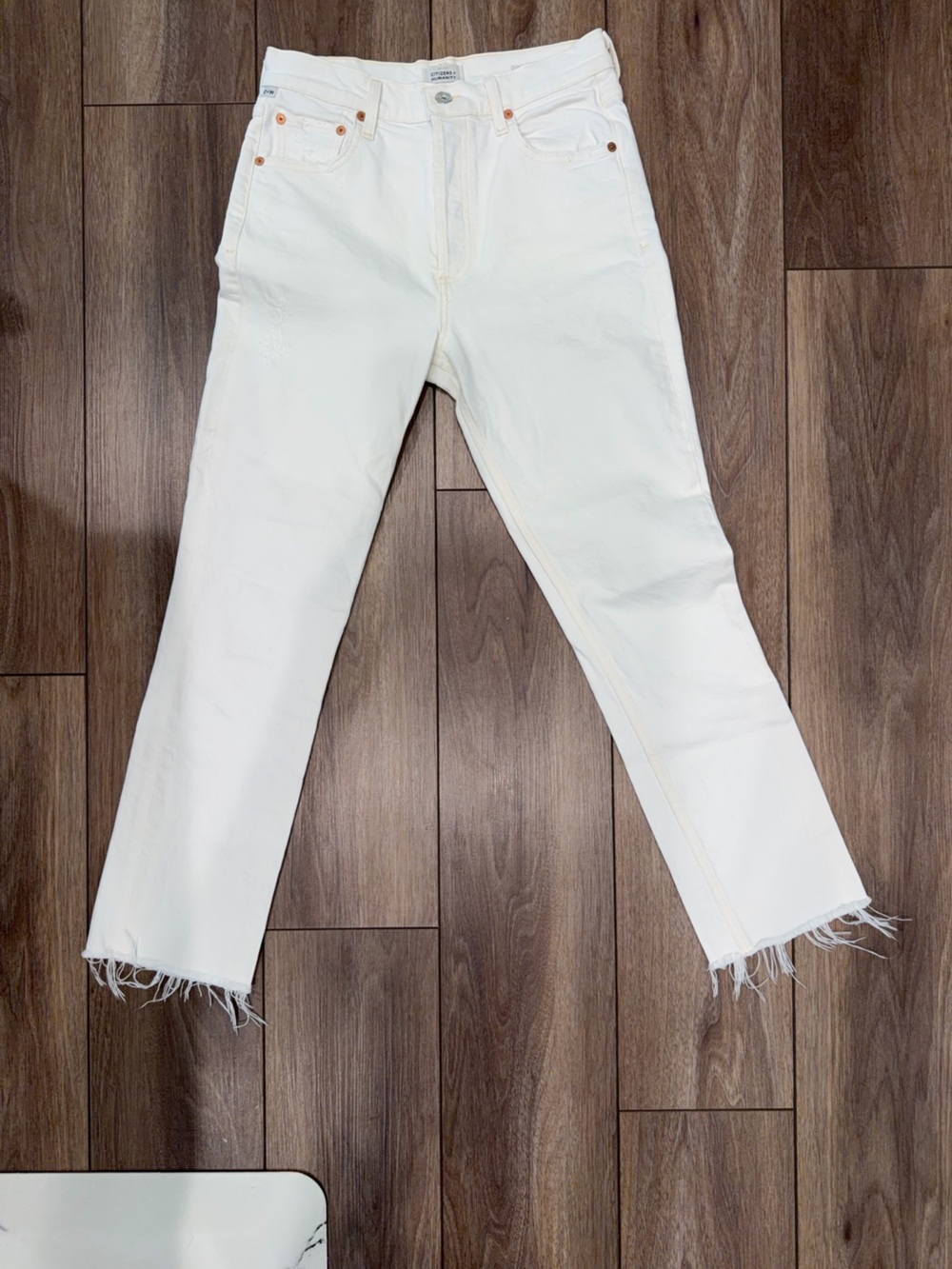 Citizens of Humanity White High-Rise Straight Jeans with Raw Hem